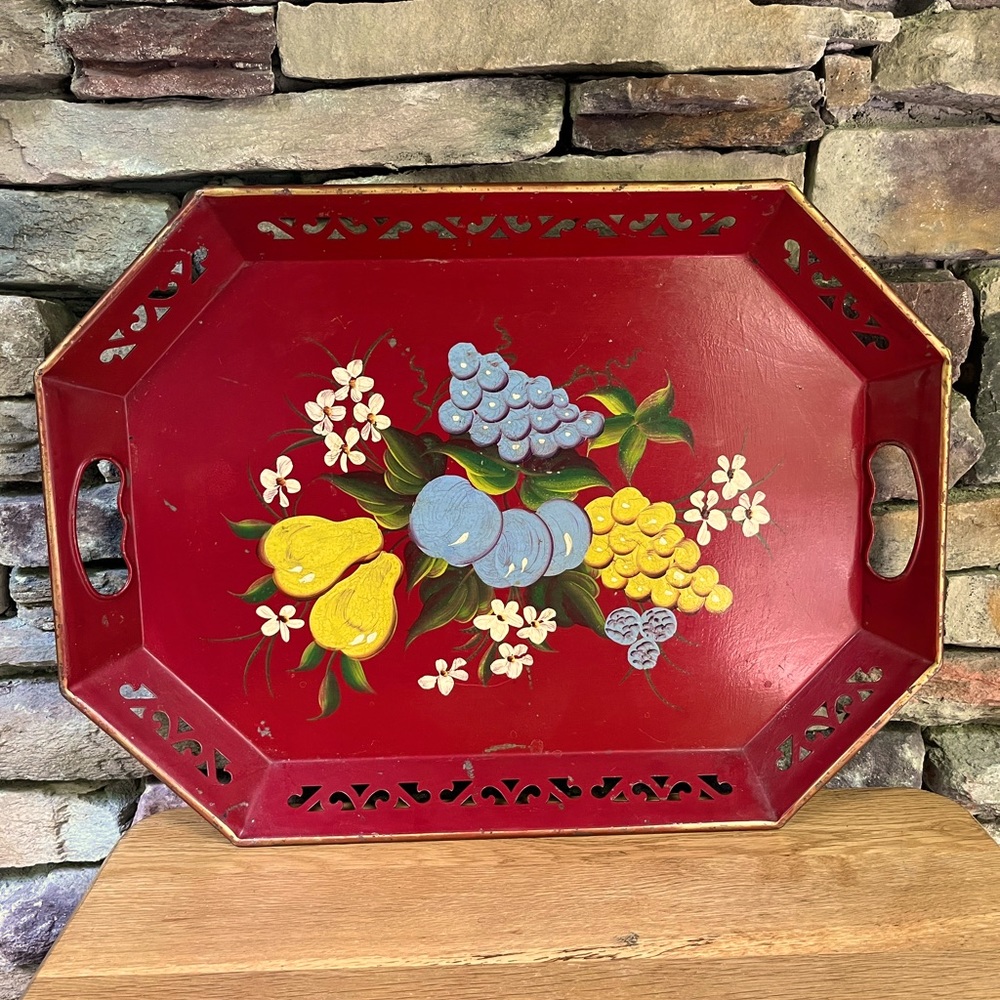 VTG Tole Tray Hand Painted Fruit Red Metal Handles Reticulated Pears Grapes
